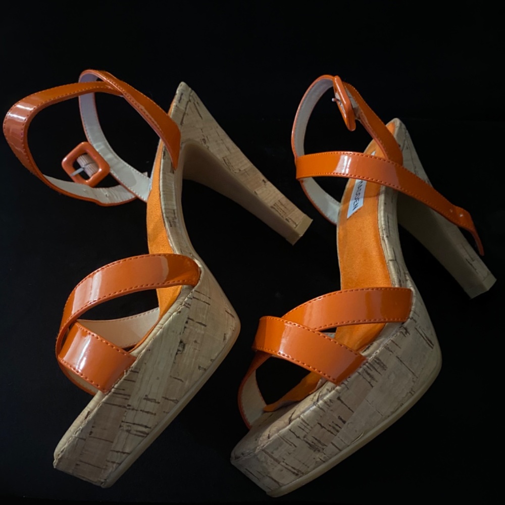 Steve Madden Cork High Heels Orange Leather Sandals